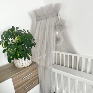 Tüll baldachin függöny pomponnal - Szürke