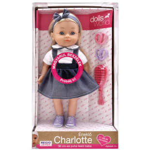 Éneklő-beszélő Charlotte baba - Farmer ruhában