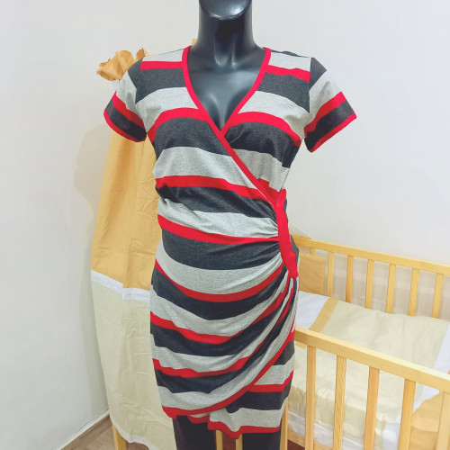 Kismama ruha csíkos átlapolt szürke-bordó